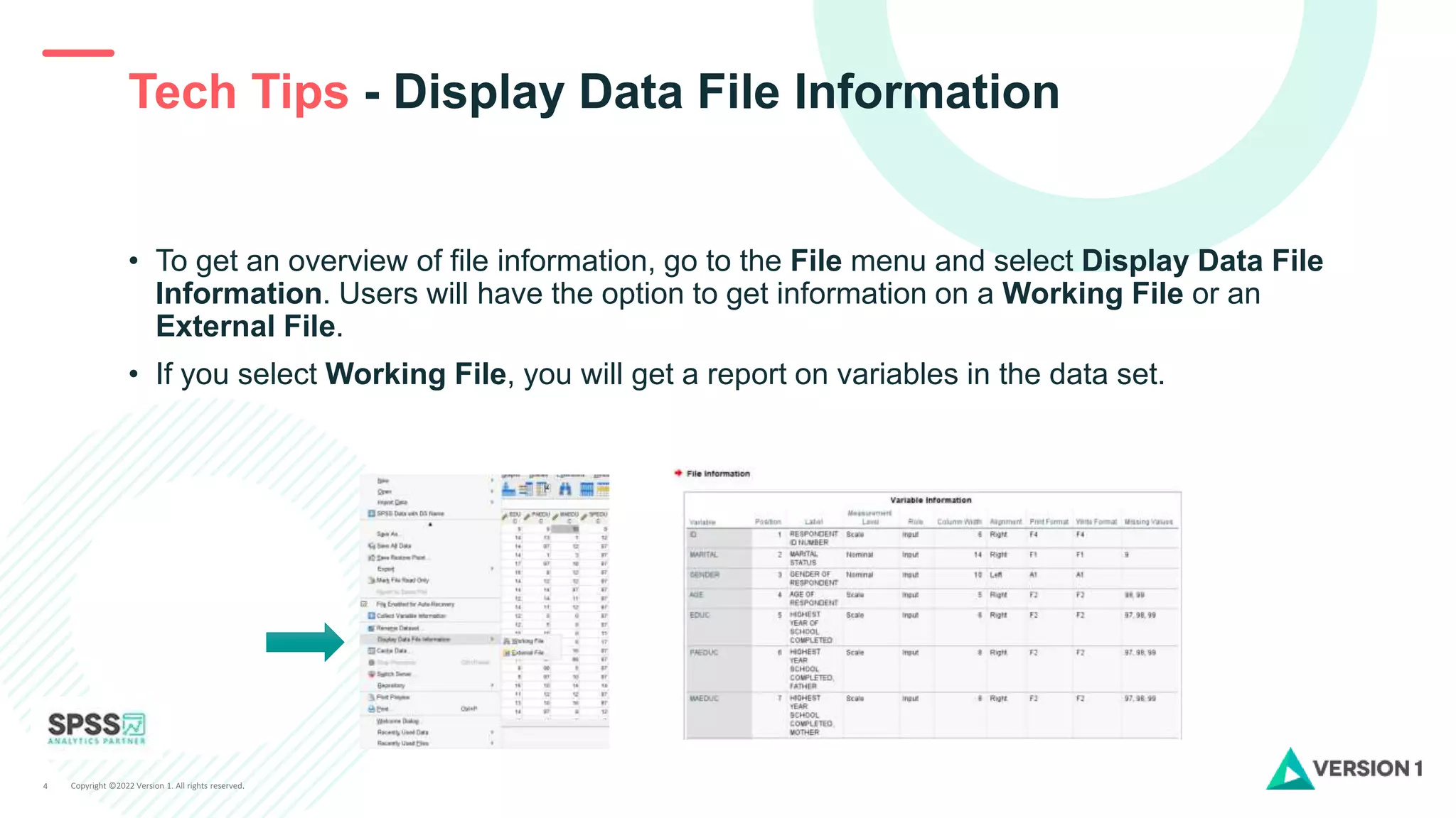 Copyright ©2022 Version 1. All rights reserved.
4
• To get an overview of file information, go to the File menu and select Display Data File
Information. Users will have the option to get information on a Working File or an
External File.
• If you select Working File, you will get a report on variables in the data set.
Tech Tips - Display Data File Information
 