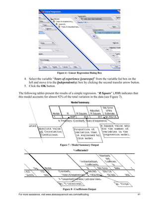 For more assistance, visit www.alukosayoenoch.wix.com/selfcoding 41
Figure 6 - Linear Regression Dialog Box
4. Select the variable “Years of experience [yearexpe]” from the variable list box on the
left and move it to the Independent(s): box by clicking the second transfer arrow button.
5. Click the OK button.
The following tables present the results of a simple regression. “R Square” (.918) indicates that
this model accounts for almost 92% of the total variation in the data (see Figure 7).
Figure 7 - Model Summary Output
Figure 8 - Coefficients Output
 