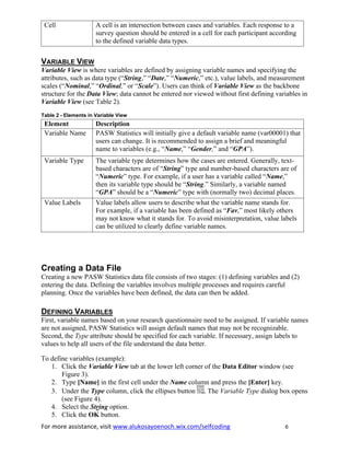 For more assistance, visit www.alukosayoenoch.wix.com/selfcoding 6
Cell A cell is an intersection between cases and variables. Each response to a
survey question should be entered in a cell for each participant according
to the defined variable data types.
VARIABLE VIEW
Variable View is where variables are defined by assigning variable names and specifying the
attributes, such as data type (“String,” “Date,” “Numeric,” etc.), value labels, and measurement
scales (“Nominal,” “Ordinal,” or “Scale”). Users can think of Variable View as the backbone
structure for the Data View; data cannot be entered nor viewed without first defining variables in
Variable View (see Table 2).
Table 2 - Elements in Variable View
Element Description
Variable Name PASW Statistics will initially give a default variable name (var00001) that
users can change. It is recommended to assign a brief and meaningful
name to variables (e.g., “Name,” “Gender,” and “GPA”).
Variable Type The variable type determines how the cases are entered. Generally, text-
based characters are of “String” type and number-based characters are of
“Numeric” type. For example, if a user has a variable called “Name,”
then its variable type should be “String.” Similarly, a variable named
“GPA” should be a “Numeric” type with (normally two) decimal places.
Value Labels Value labels allow users to describe what the variable name stands for.
For example, if a variable has been defined as “Fav,” most likely others
may not know what it stands for. To avoid misinterpretation, value labels
can be utilized to clearly define variable names.
Creating a Data File
Creating a new PASW Statistics data file consists of two stages: (1) defining variables and (2)
entering the data. Defining the variables involves multiple processes and requires careful
planning. Once the variables have been defined, the data can then be added.
DEFINING VARIABLES
First, variable names based on your research questionnaire need to be assigned. If variable names
are not assigned, PASW Statistics will assign default names that may not be recognizable.
Second, the Type attribute should be specified for each variable. If necessary, assign labels to
values to help all users of the file understand the data better.
To define variables (example):
1. Click the Variable View tab at the lower left corner of the Data Editor window (see
Figure 3).
2. Type [Name] in the first cell under the Name column and press the [Enter] key.
3. Under the Type column, click the ellipses button . The Variable Type dialog box opens
(see Figure 4).
4. Select the String option.
5. Click the OK button.
 