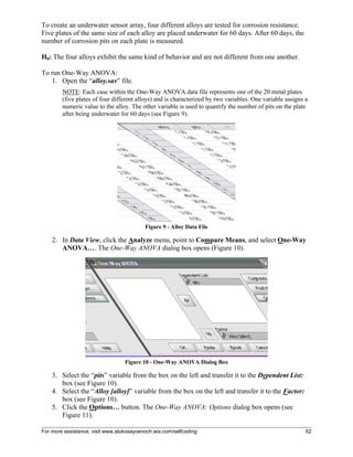 For more assistance, visit www.alukosayoenoch.wix.com/selfcoding 62
To create an underwater sensor array, four different alloys are tested for corrosion resistance.
Five plates of the same size of each alloy are placed underwater for 60 days. After 60 days, the
number of corrosion pits on each plate is measured.
H0: The four alloys exhibit the same kind of behavior and are not different from one another.
To run One-Way ANOVA:
1. Open the “alloy.sav” file.
NOTE: Each case within the One-Way ANOVA data file represents one of the 20 metal plates
(five plates of four different alloys) and is characterized by two variables. One variable assigns a
numeric value to the alloy. The other variable is used to quantify the number of pits on the plate
after being underwater for 60 days (see Figure 9).
Figure 9 - Alloy Data File
2. In Data View, click the Analyze menu, point to Compare Means, and select One-Way
ANOVA…. The One-Way ANOVA dialog box opens (Figure 10).
Figure 10 - One-Way ANOVA Dialog Box
3. Select the “pits” variable from the box on the left and transfer it to the Dependent List:
box (see Figure 10).
4. Select the “Alloy [alloy]” variable from the box on the left and transfer it to the Factor:
box (see Figure 10).
5. Click the Options… button. The One-Way ANOVA: Options dialog box opens (see
Figure 11).
 