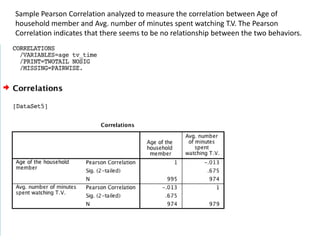 Sample Pearson Correlation analyzed to measure the correlation between Age of
household member and Avg. number of minutes spent watching T.V. The Pearson
Correlation indicates that there seems to be no relationship between the two behaviors.
 
