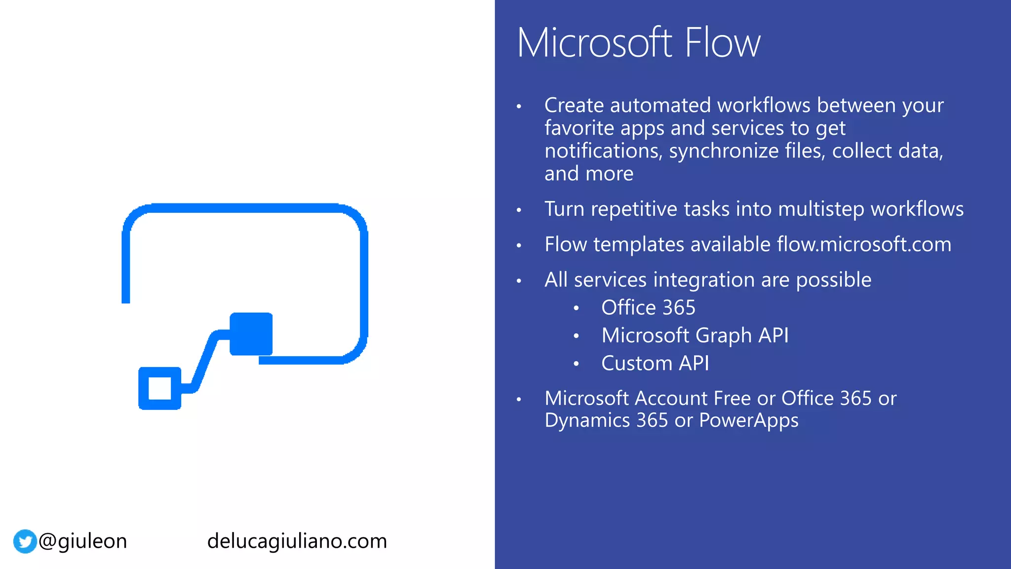 @giuleon delucagiuliano.com
• Office 365
• Microsoft Graph API
• Custom API
• Microsoft Account Free or Office 365 or
Dynamics 365 or PowerApps
 