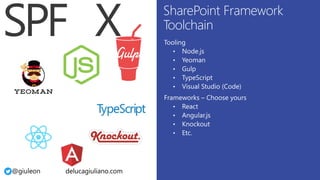@giuleon delucagiuliano.com
Tooling
• Node.js
• Yeoman
• Gulp
• TypeScript
• Visual Studio (Code)
Frameworks – Choose your...
