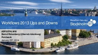 Workflows 2013 Ups and Downs
#SPSSTHLM10
Bernd Rickenberg (@bernd.rickenberg)
Pointwork
January 25th, 2014

SharePoint Saturday

Stockholm

 