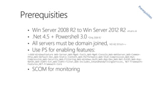 Prerequisities

>>Add-WindowsFeature Web-Server,Web-Mgmt-Tools,Web-Mgmt-Console,Web-WebServer,Web-CommonHttp,Web-Default-Doc,Web-Static-Content,Web-Performance,Web-Stat-Compression,Web-DynCompression,Web-Security,Web-Filtering,Web-Windows-Auth,Web-App-Dev,Web-Net-Ext45,Web-AspNet45,Web-ISAPI-Ext,Web-ISAPI-Filter,Web-Includes,InkandHandwritingServices, NET-FrameworkFeatures,NET-Framework-Core

 