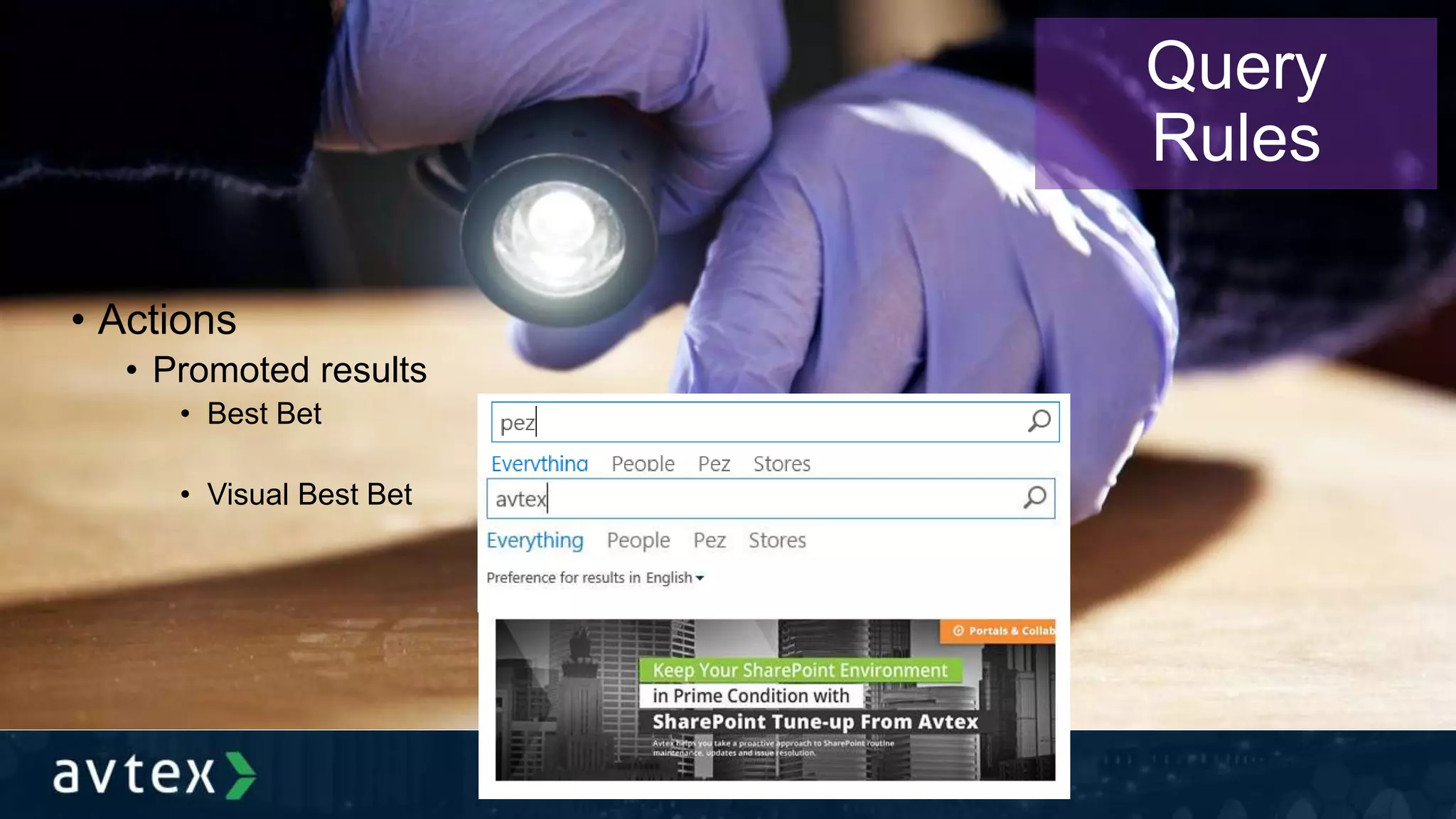 • Actions
• Promoted results
• Best Bet
• Visual Best Bet
Query
Rules
 