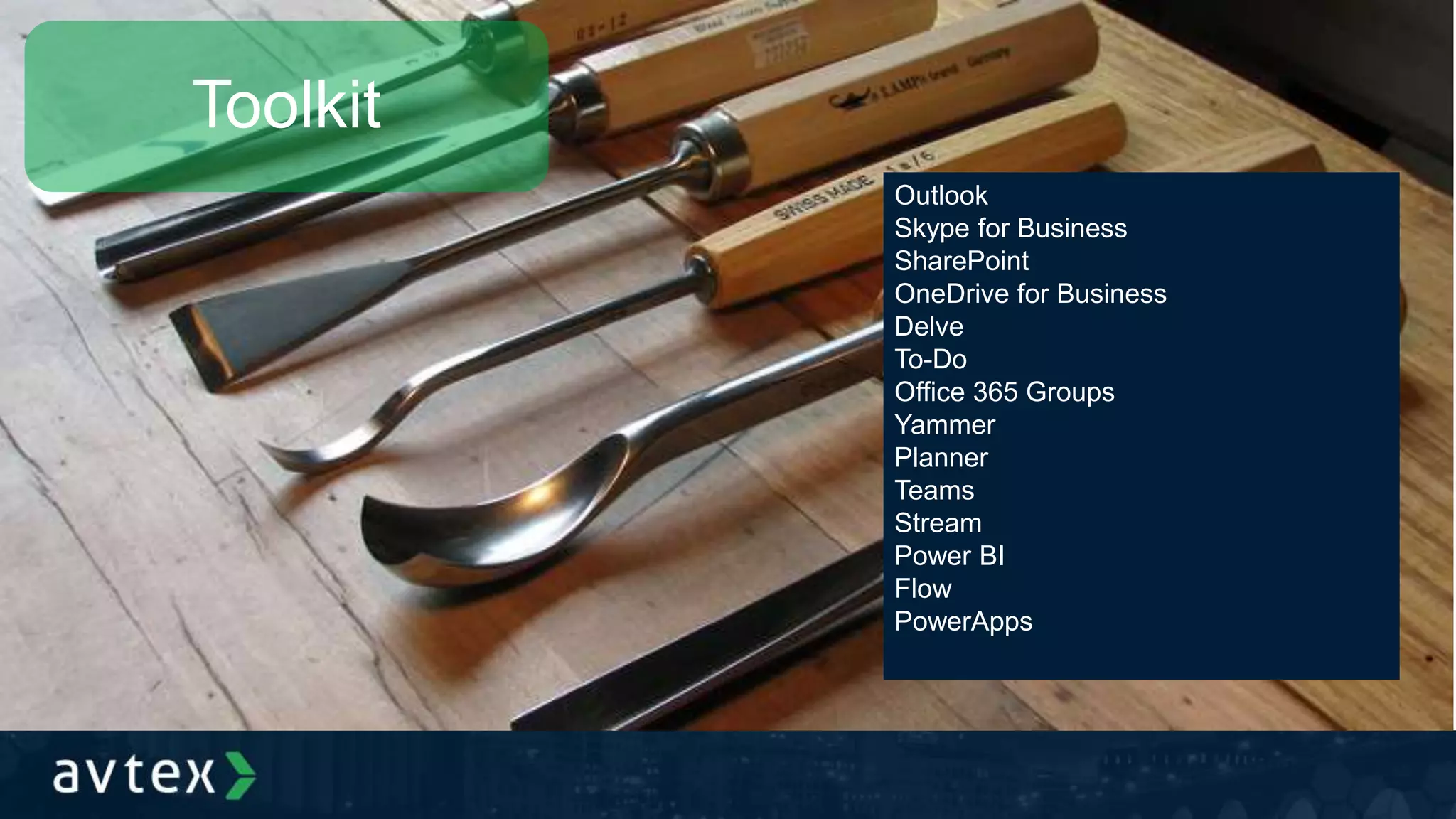 Outlook
Skype for Business
SharePoint
OneDrive for Business
Delve
To-Do
Office 365 Groups
Yammer
Planner
Teams
Stream
Power BI
Flow
PowerApps
Toolkit
 