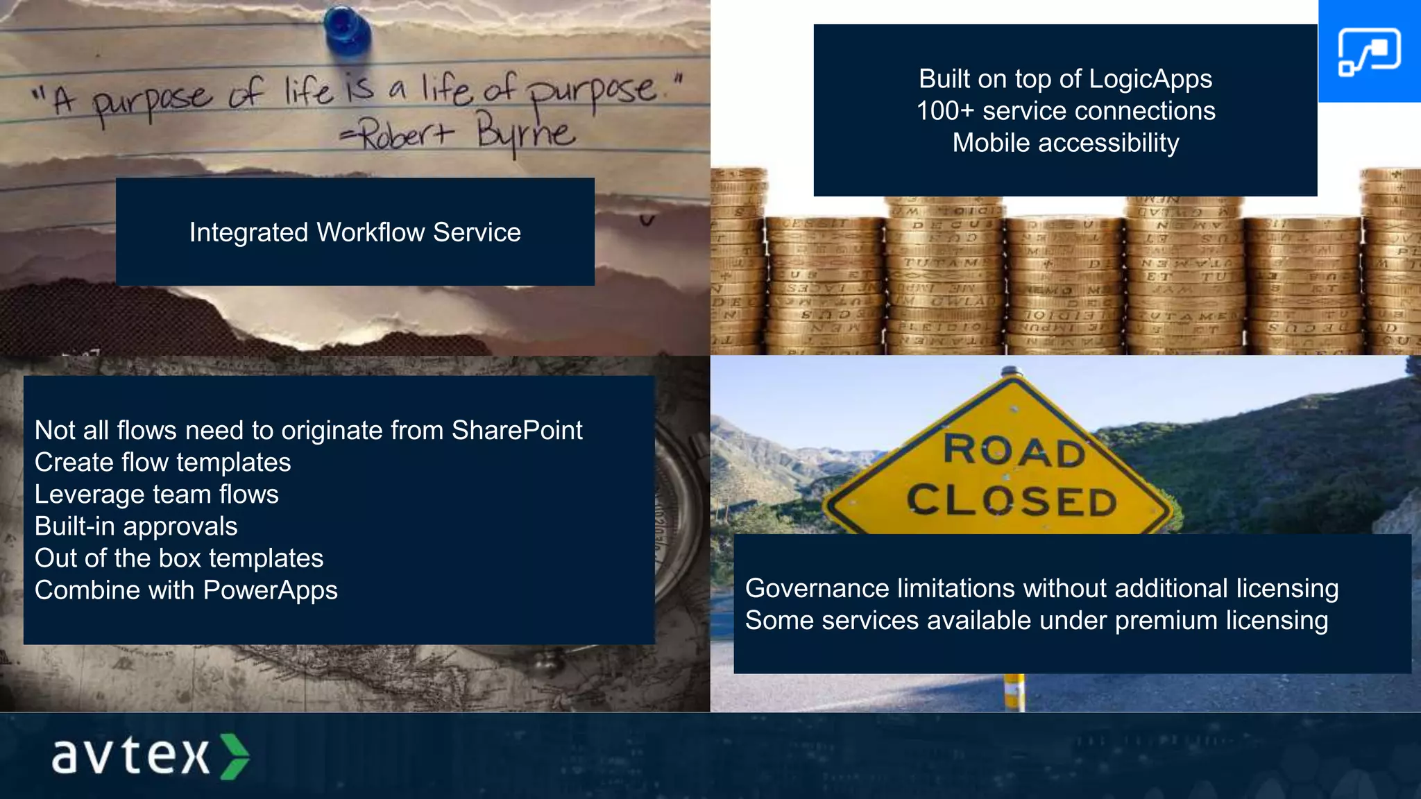 Integrated Workflow Service
Built on top of LogicApps
100+ service connections
Mobile accessibility
Not all flows need to originate from SharePoint
Create flow templates
Leverage team flows
Built-in approvals
Out of the box templates
Combine with PowerApps Governance limitations without additional licensing
Some services available under premium licensing
 