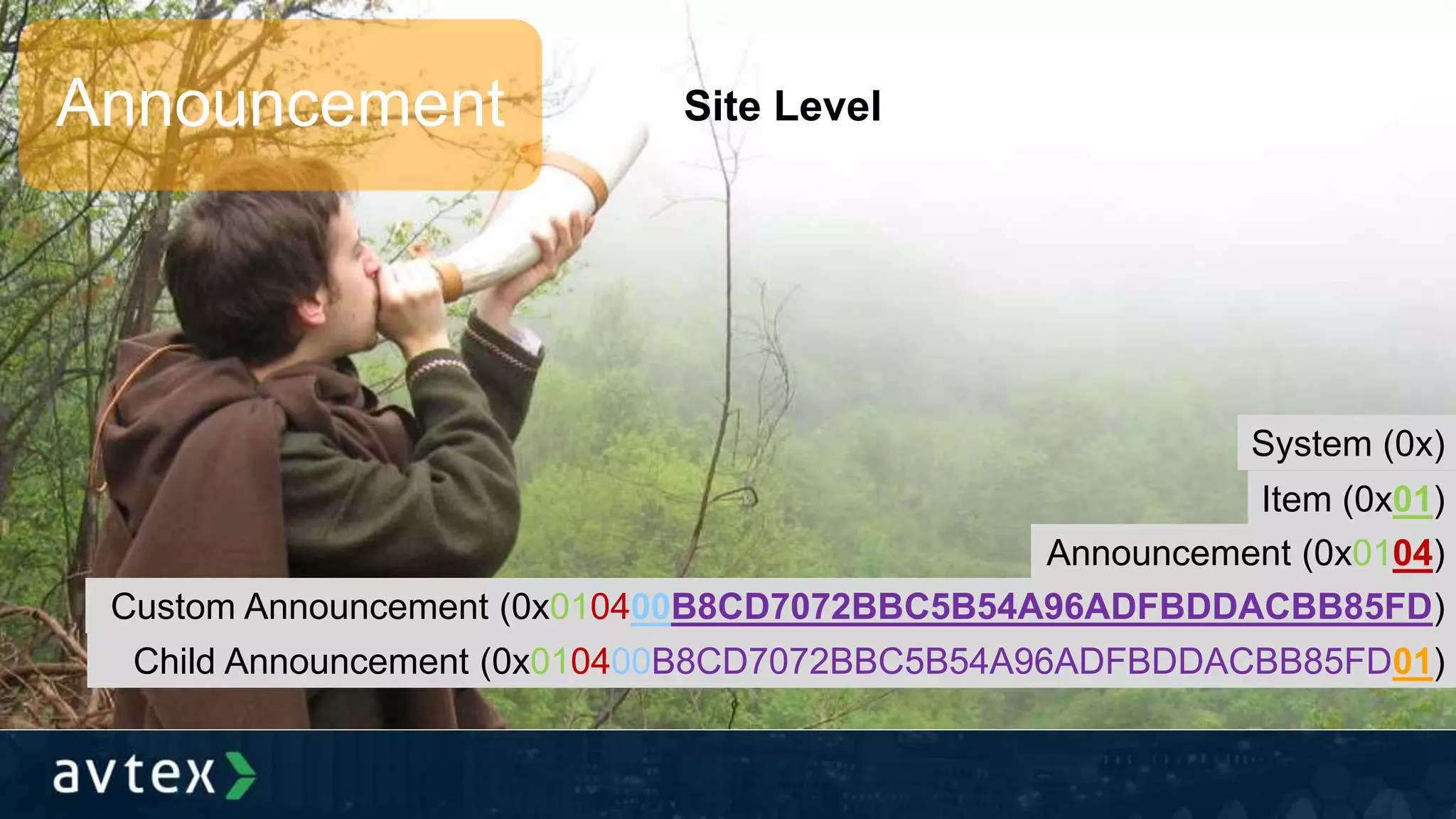 Announcement Site Level
System (0x)
Item (0x01)
Announcement (0x0104)
Custom Announcement (0x010400B8CD7072BBC5B54A96ADFBDDACBB85FD)
Child Announcement (0x010400B8CD7072BBC5B54A96ADFBDDACBB85FD01)
 