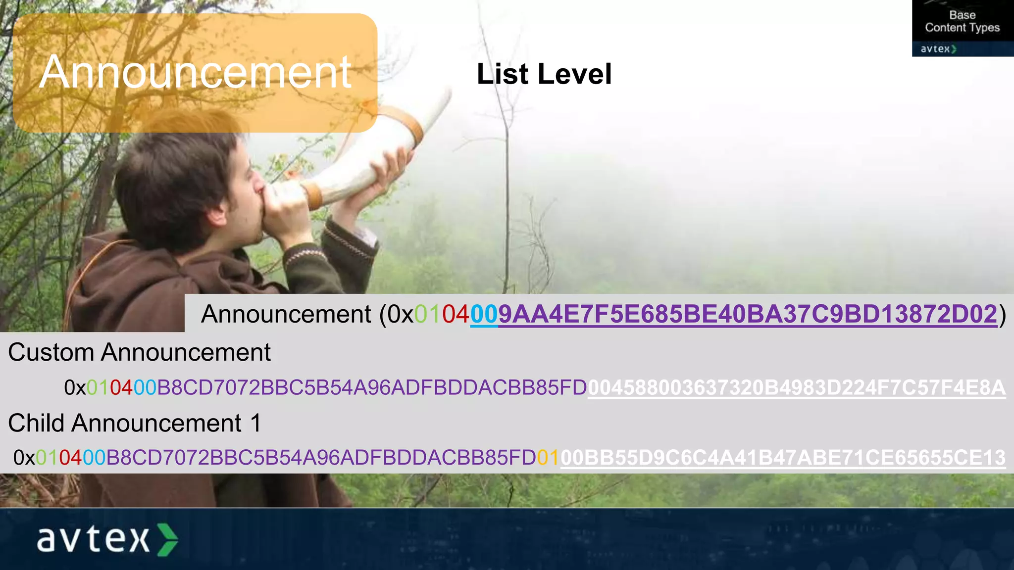 Announcement List Level
Announcement (0x0104009AA4E7F5E685BE40BA37C9BD13872D02)
0x010400B8CD7072BBC5B54A96ADFBDDACBB85FD004588003637320B4983D224F7C57F4E8A
0x010400B8CD7072BBC5B54A96ADFBDDACBB85FD0100BB55D9C6C4A41B47ABE71CE65655CE13
Custom Announcement
Child Announcement 1
 