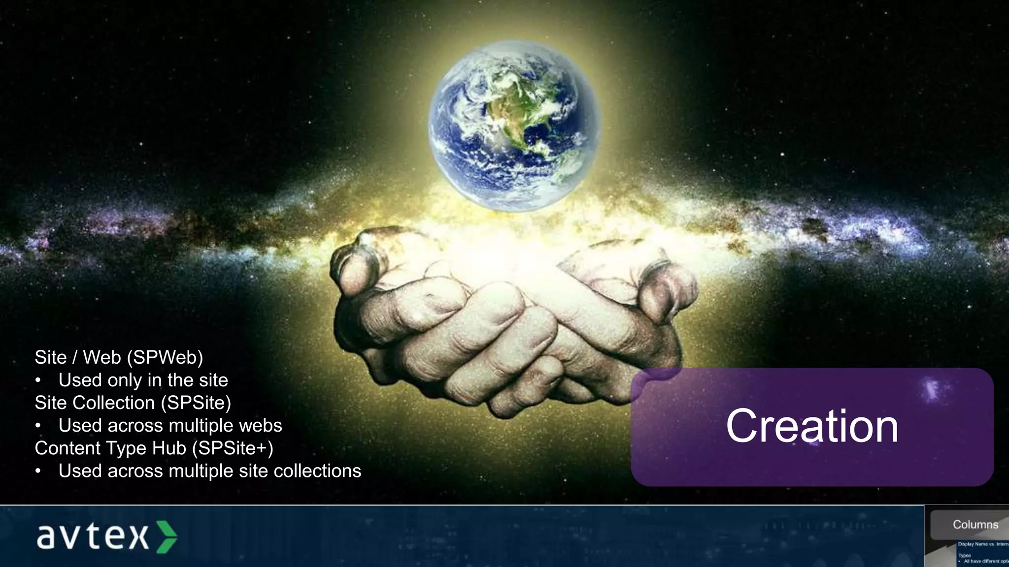 Creation
Site / Web (SPWeb)
• Used only in the site
Site Collection (SPSite)
• Used across multiple webs
Content Type Hub (SPSite+)
• Used across multiple site collections
 