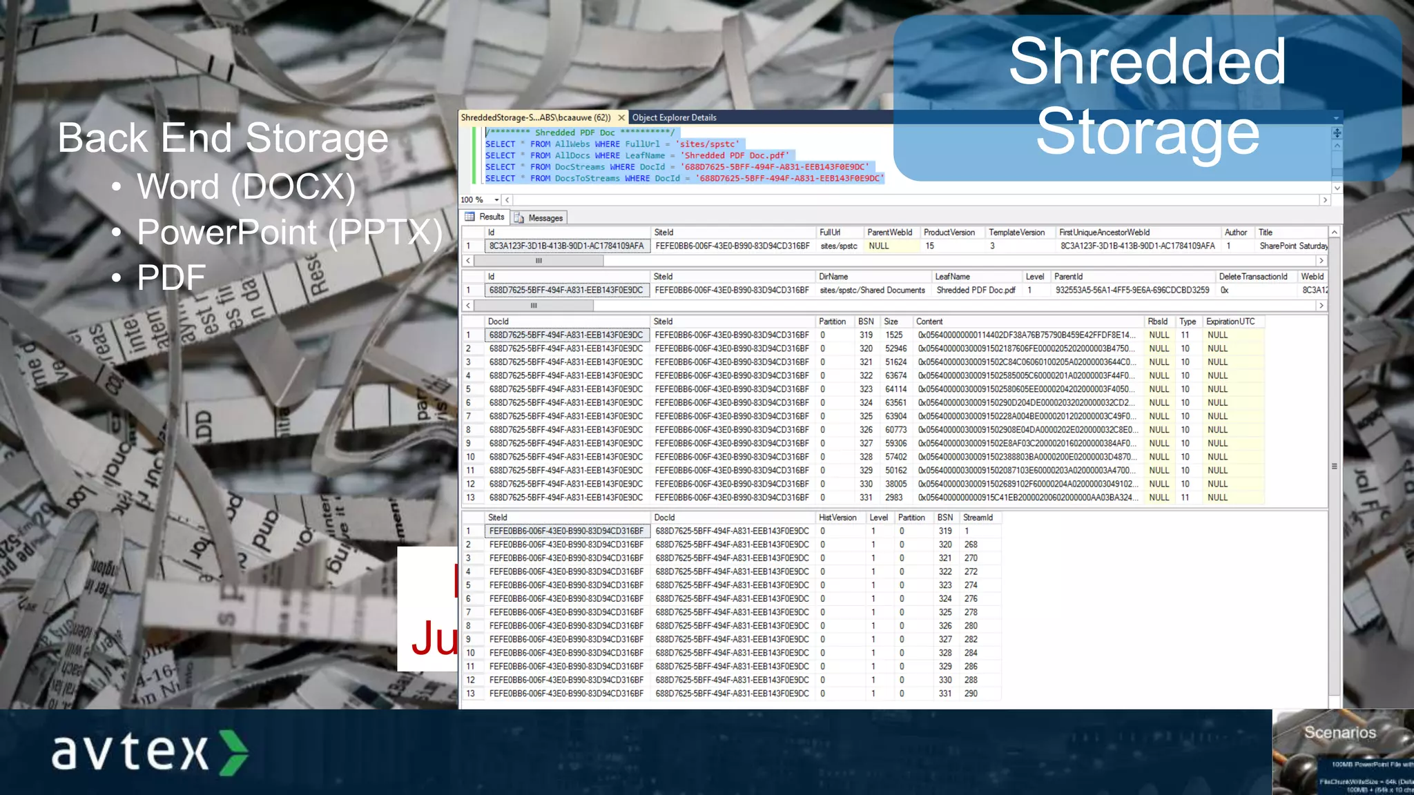 Do as I SAY, not as I DO
Just say NO to SQL Queries
Back End Storage
• Word (DOCX)
• PowerPoint (PPTX)
• PDF
Shredded
Storage
 