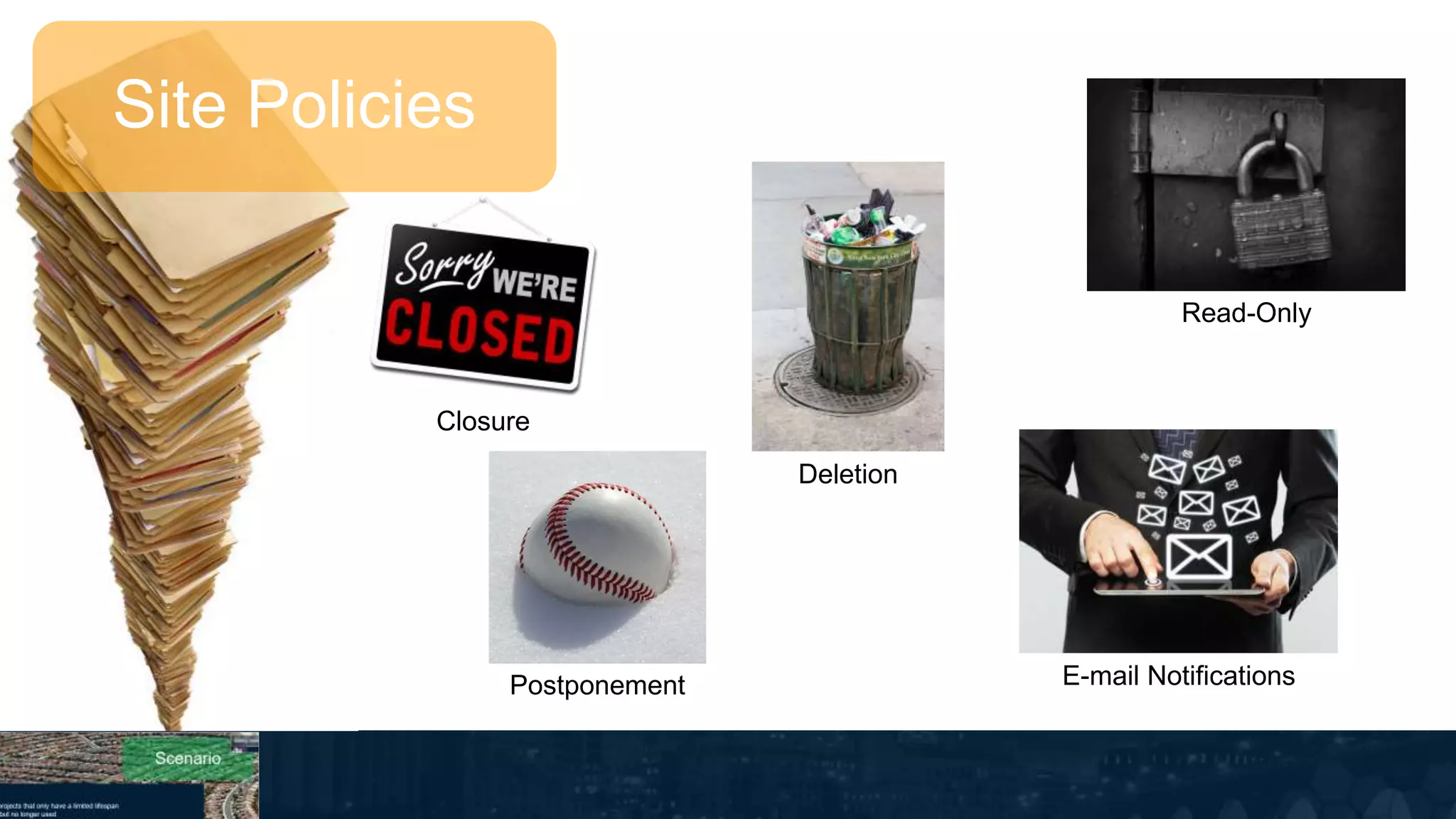 Site Policies
Closure
Deletion
Postponement
Read-Only
E-mail Notifications
 