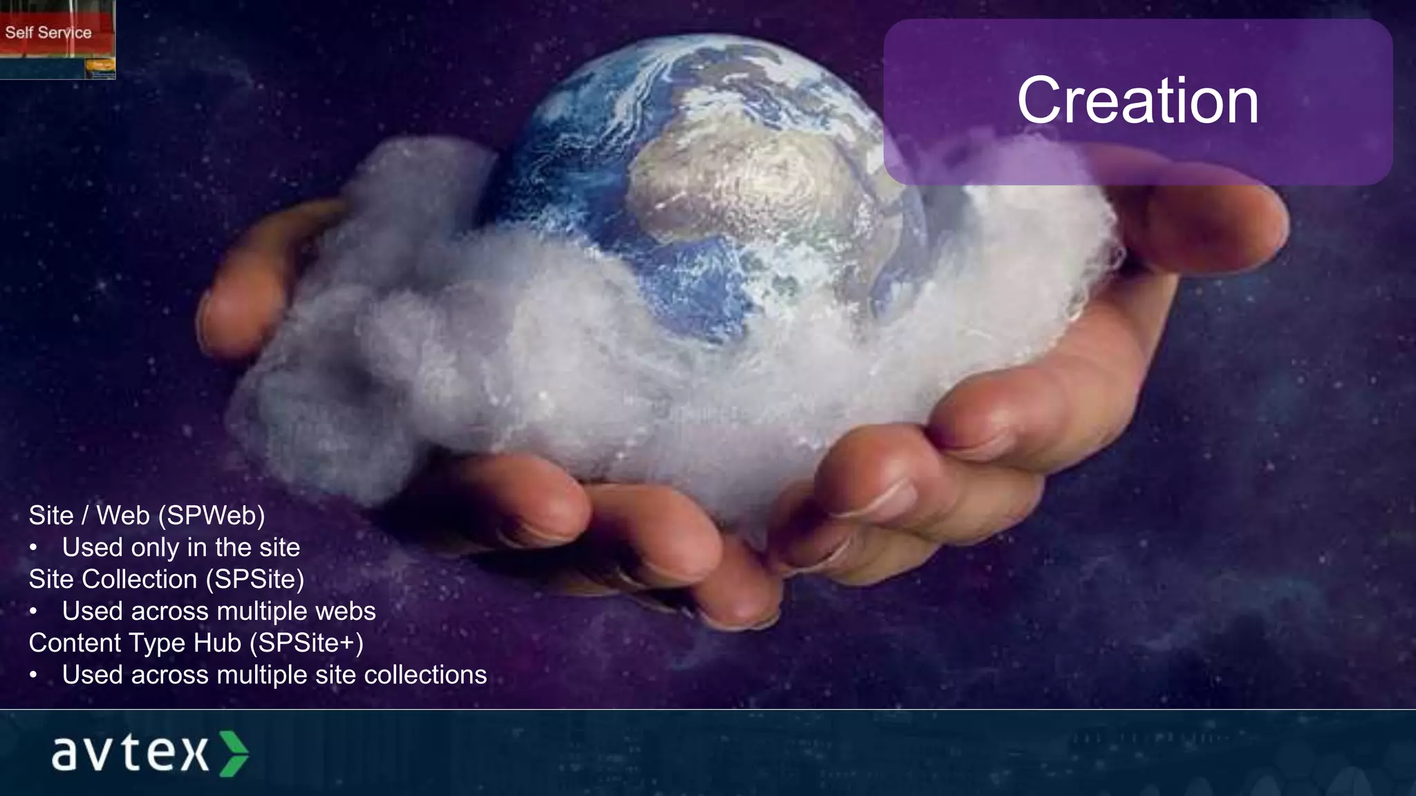 Creation
Site / Web (SPWeb)
• Used only in the site
Site Collection (SPSite)
• Used across multiple webs
Content Type Hub (SPSite+)
• Used across multiple site collections
 