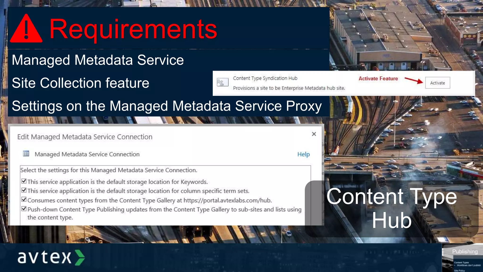 Managed Metadata Service
Site Collection feature
Settings on the Managed Metadata Service Proxy
Requirements
Content Type
Hub
 