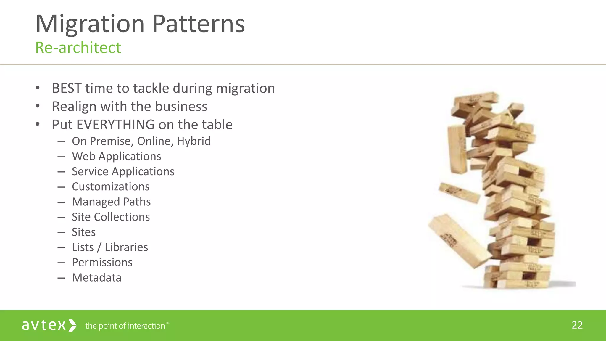 22
• BEST time to tackle during migration
• Realign with the business
• Put EVERYTHING on the table
– On Premise, Online, Hybrid
– Web Applications
– Service Applications
– Customizations
– Managed Paths
– Site Collections
– Sites
– Lists / Libraries
– Permissions
– Metadata
Migration Patterns
Re-architect
 