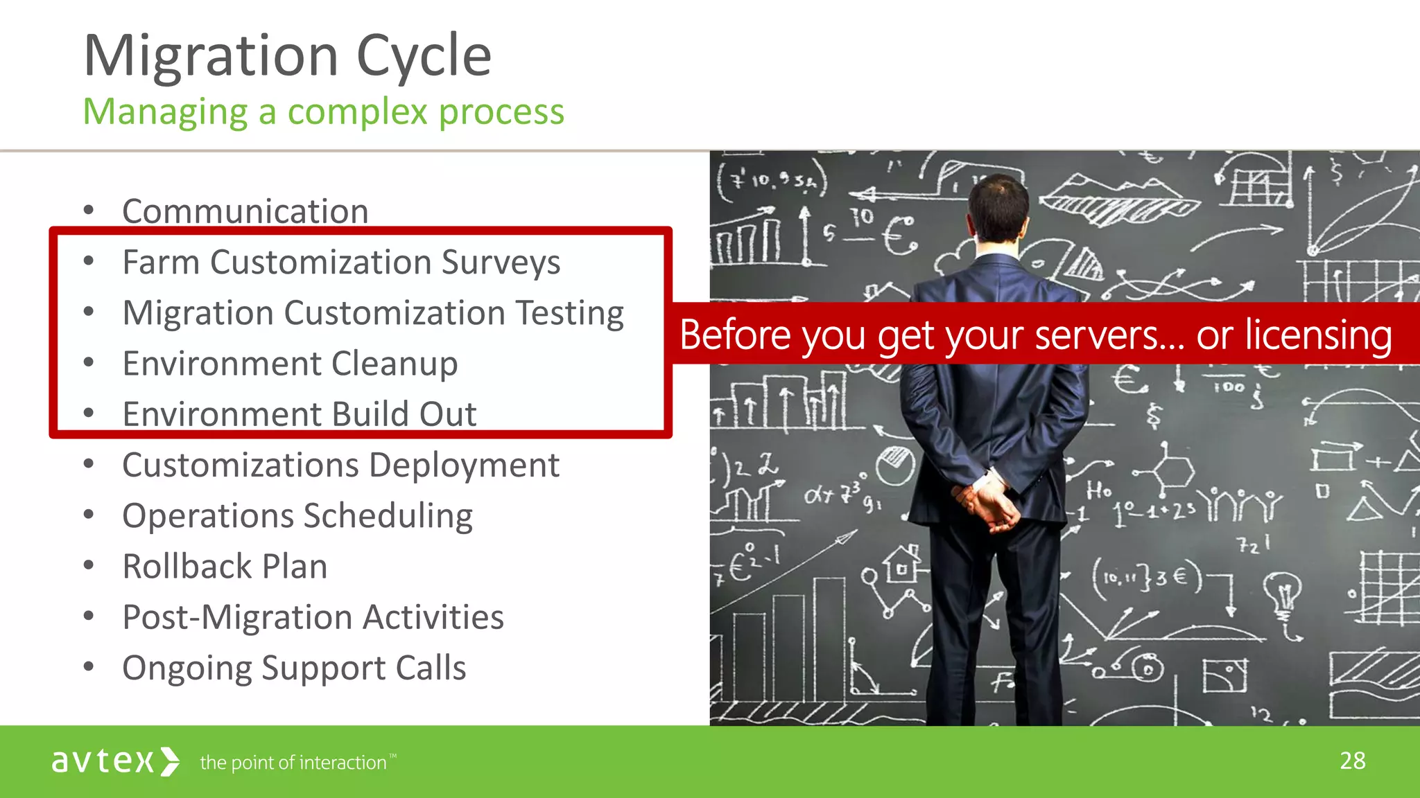 28
• Communication
• Farm Customization Surveys
• Migration Customization Testing
• Environment Cleanup
• Environment Build Out
• Customizations Deployment
• Operations Scheduling
• Rollback Plan
• Post-Migration Activities
• Ongoing Support Calls
Migration Cycle
Managing a complex process
Before you get your servers… or licensing
 