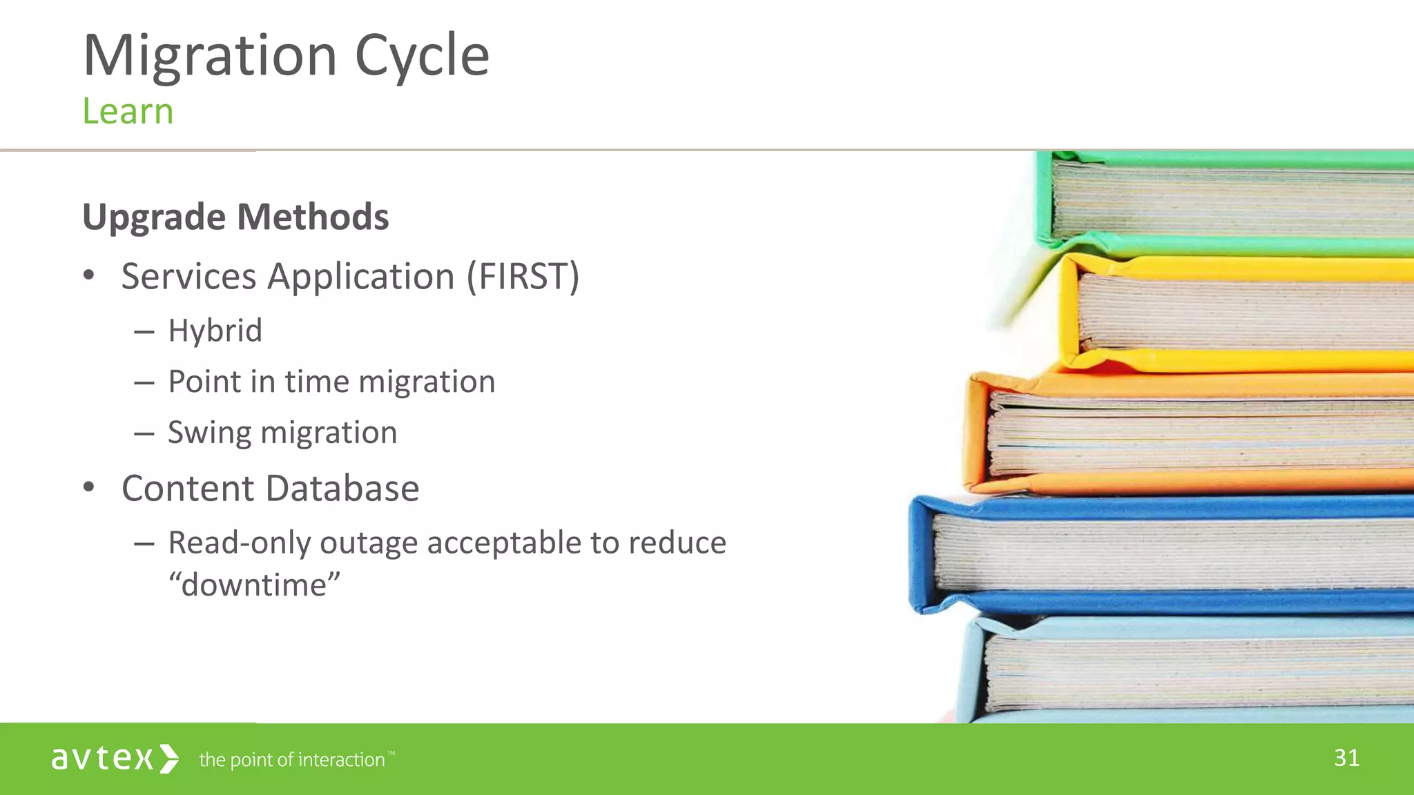 31
Upgrade Methods
• Services Application (FIRST)
– Hybrid
– Point in time migration
– Swing migration
• Content Database
– Read-only outage acceptable to reduce
“downtime”
Migration Cycle
Learn
 