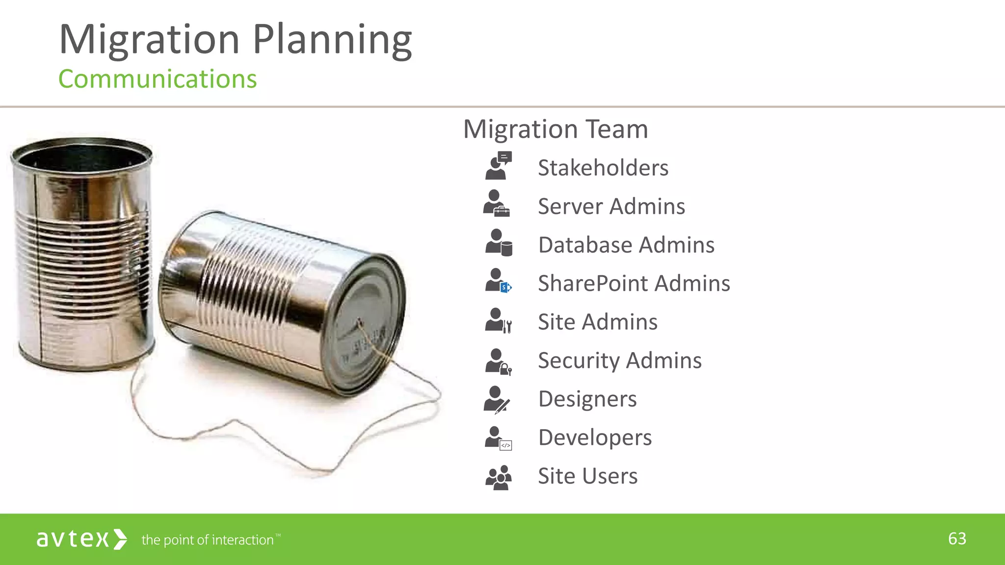 63
Migration Team
Stakeholders
Server Admins
Database Admins
SharePoint Admins
Site Admins
Security Admins
Designers
Developers
Site Users
Migration Planning
Communications
 