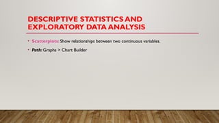 DESCRIPTIVE STATISTICS AND
EXPLORATORY DATA ANALYSIS
• Scatterplots: Show relationships between two continuous variables.
• Path: Graphs > Chart Builder
 