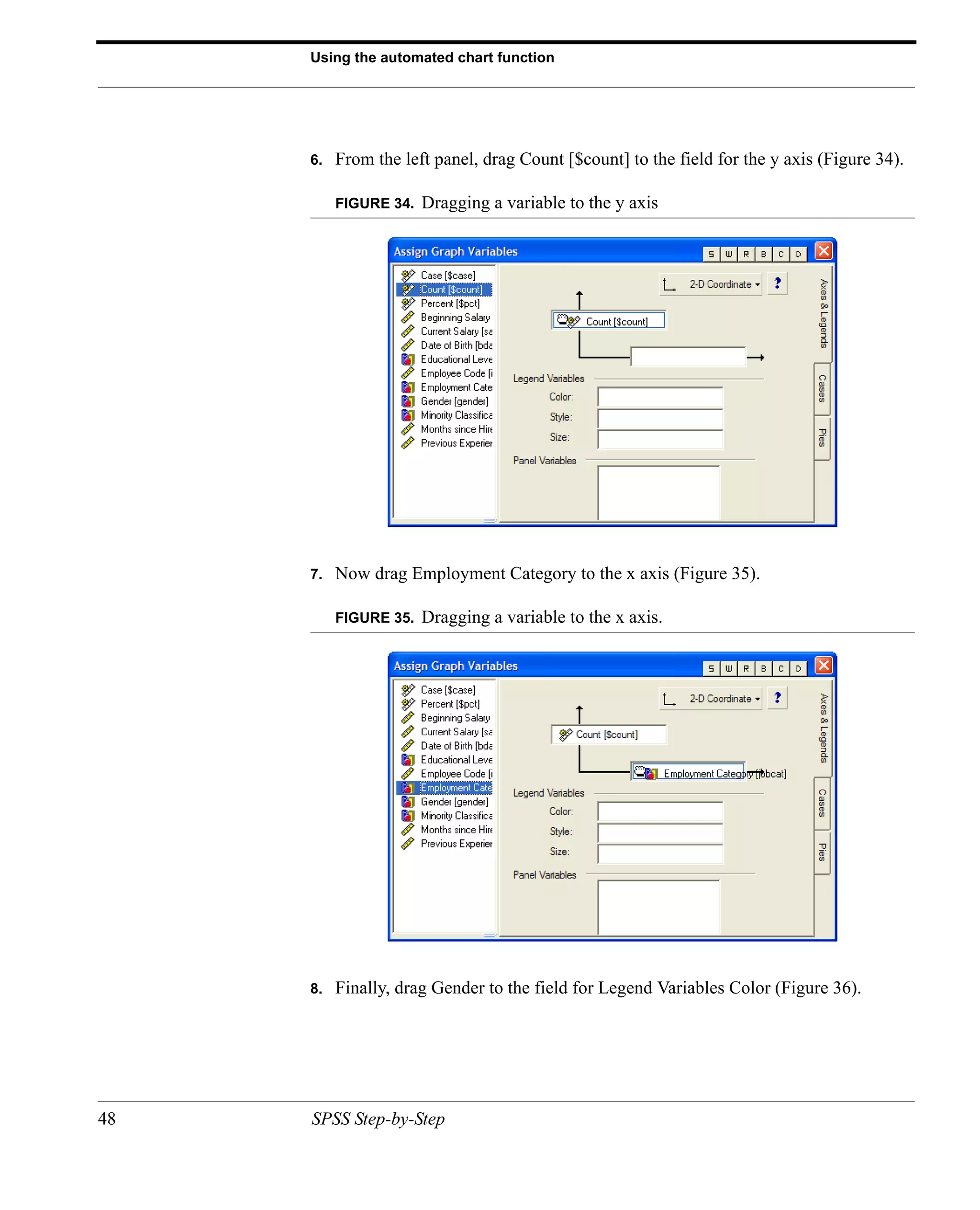 Using the automated chart function




     6.   From the left panel, drag Count [$count] to the field for the y axis (Figure 34).

          FIGURE 34.   Dragging a variable to the y axis




     7.   Now drag Employment Category to the x axis (Figure 35).

          FIGURE 35.   Dragging a variable to the x axis.




     8.   Finally, drag Gender to the field for Legend Variables Color (Figure 36).




48   SPSS Step-by-Step
 
