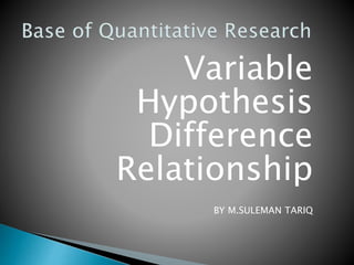 Variable
Hypothesis
Difference
Relationship
BY M.SULEMAN TARIQ
 
