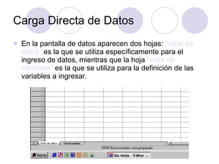 Carga Directa de Datos En la pantalla de datos aparecen dos hojas:  “vista de datos”  es la que se utiliza específicamente para el ingreso de datos, mientras que la hoja  “vista de variables”  es la que se utiliza para la definición de las variables a ingresar.   