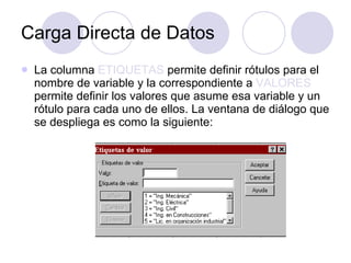Carga Directa de Datos La columna  ETIQUETAS  permite definir rótulos para el nombre de variable y la correspondiente a  VALORES  permite definir los valores que asume esa variable y un rótulo para cada uno de ellos. La ventana de diálogo que se despliega es como la siguiente:   