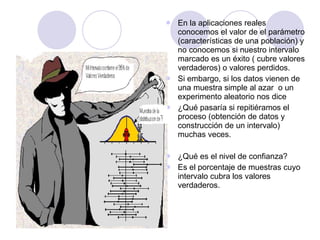 En la aplicaciones reales  conocemos el valor de el parámetro (características de una población) y no conocemos si nuestro intervalo marcado es un éxito ( cubre valores verdaderos) o valores perdidos. Si embargo, si los datos vienen de una muestra simple al azar  o un experimento aleatorio nos dice ¿Qué pasaría si repitiéramos el proceso (obtención de datos y construcción de un intervalo) muchas veces. ¿Qué es el nivel de confianza? Es el porcentaje de muestras cuyo intervalo cubra los valores verdaderos. 