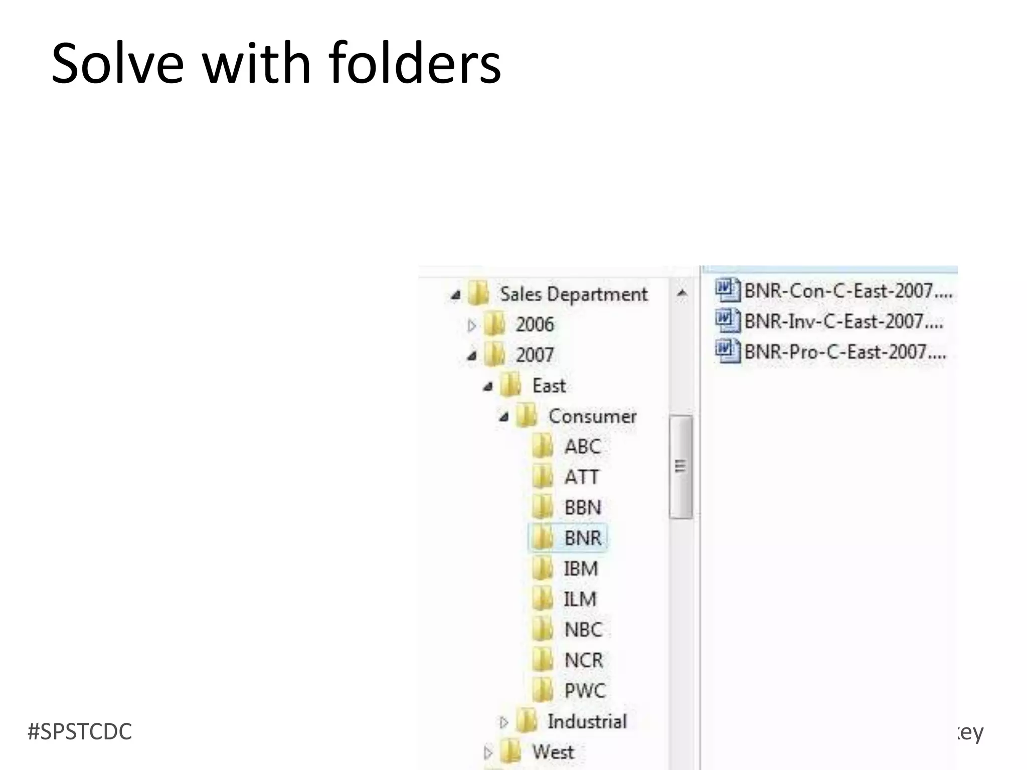 X Drive ChallengesPerfect!Could this be solved by using metadata so that the document could be found by both region and industry?What if I want to find a marketing document by region and not industry? 