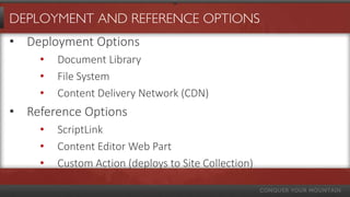 DEPLOYMENT AND REFERENCE OPTIONS
• Deployment Options
• Document Library
• File System
• Content Delivery Network (CDN)
• Reference Options
• ScriptLink
• Content Editor Web Part
• Custom Action (deploys to Site Collection)
 