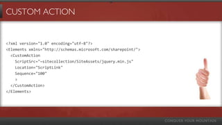 CUSTOM ACTION
<?xml version="1.0" encoding="utf-8"?>
<Elements xmlns="http://schemas.microsoft.com/sharepoint/">
<CustomAction
ScriptSrc="~sitecollection/SiteAssets/jquery.min.js"
Location="ScriptLink"
Sequence="100"
>
</CustomAction>
</Elements>
 