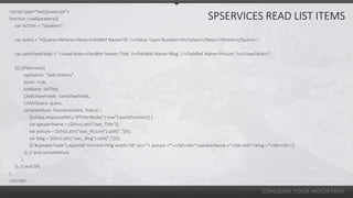 <script type="text/javascript" src="http://ajax.aspnetcdn.com/ajax/jQuery/jquery-1.8.0.js"></script>
<script type="text/javascript" src="http://cdnjs.cloudflare.com/ajax/libs/jquery.SPServices/0.7.1a/jquery.SPServices-0.7.1a.min.js"></script>
<script type="text/javascript">
jQuery(document).ready(function($) {
LoadSpeakers();
});
</script>
<table id='speakerTable'><tr><th>Picture</th><th>Name</th><th>Blog</th></tr></table>
 