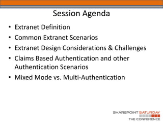 Session Agenda
• Extranet Definition
• Common Extranet Scenarios
• Extranet Design Considerations & Challenges
• Claims Based Authentication and other
  Authentication Scenarios
• Mixed Mode vs. Multi-Authentication
 