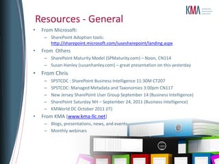 Resources - General
•   From Microsoft:
     – SharePoint Adoption tools:
       http://sharepoint.microsoft.com/iusesharepoint/landing.aspx
•   From Others
     – SharePoint Maturity Model (SPMaturity.com) – Noon, CN114
     – Susan Hanley (susanhanley.com) – great presentation on this yesterday
• From Chris
     –   SPSTCDC : SharePoint Business Intelligence 11:30M CT207
     –   SPSTCDC: Managed Metadata and Taxonomies 3:00pm CN117
     –   New Jersey SharePoint User Group September 14 (Business Intelligence)
     –   SharePoint Saturday NH – September 24, 2011 (Business Intelligence)
     –   KMWorld DC October 2011 (IT)
•   From KMA (www.kma-llc.net)
     – Blogs, presentations, news, and events
     – Monthly webinars
 