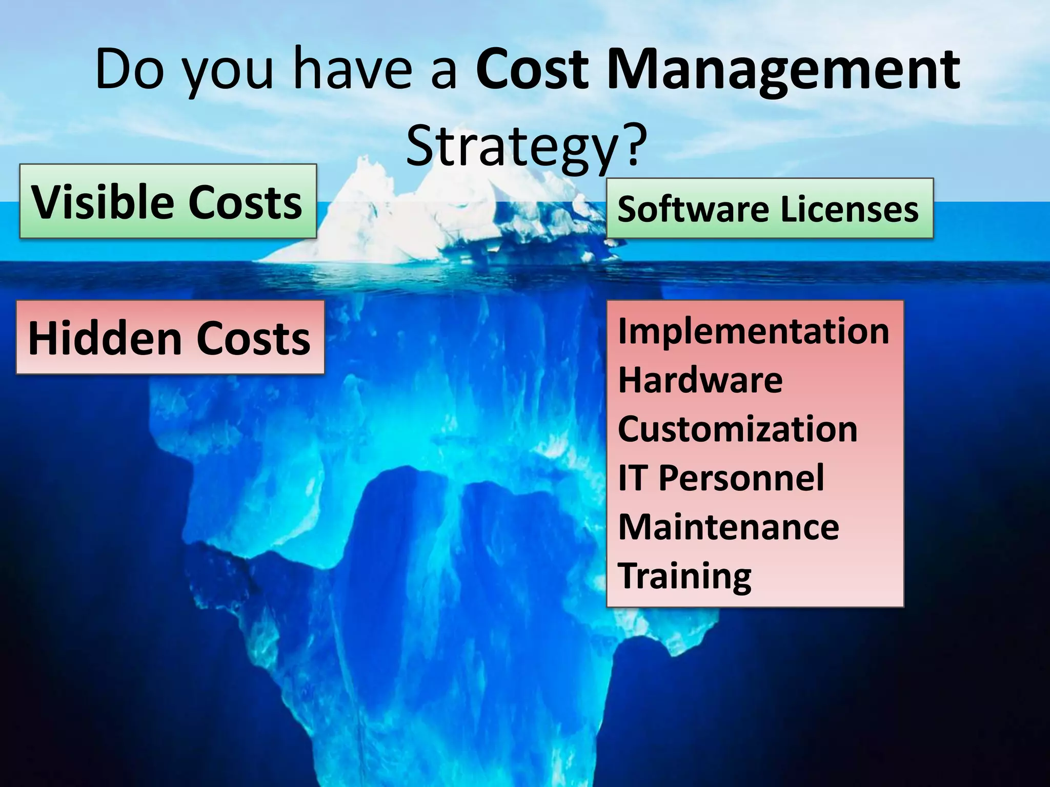 Do you have a Cost Management
               Strategy?
Visible Costs             Software Licenses


Hidden Costs              Implementation
                          Hardware
                          Customization
                          IT Personnel
                          Maintenance
                          Training


#SPSToronto @RHarbridge
 