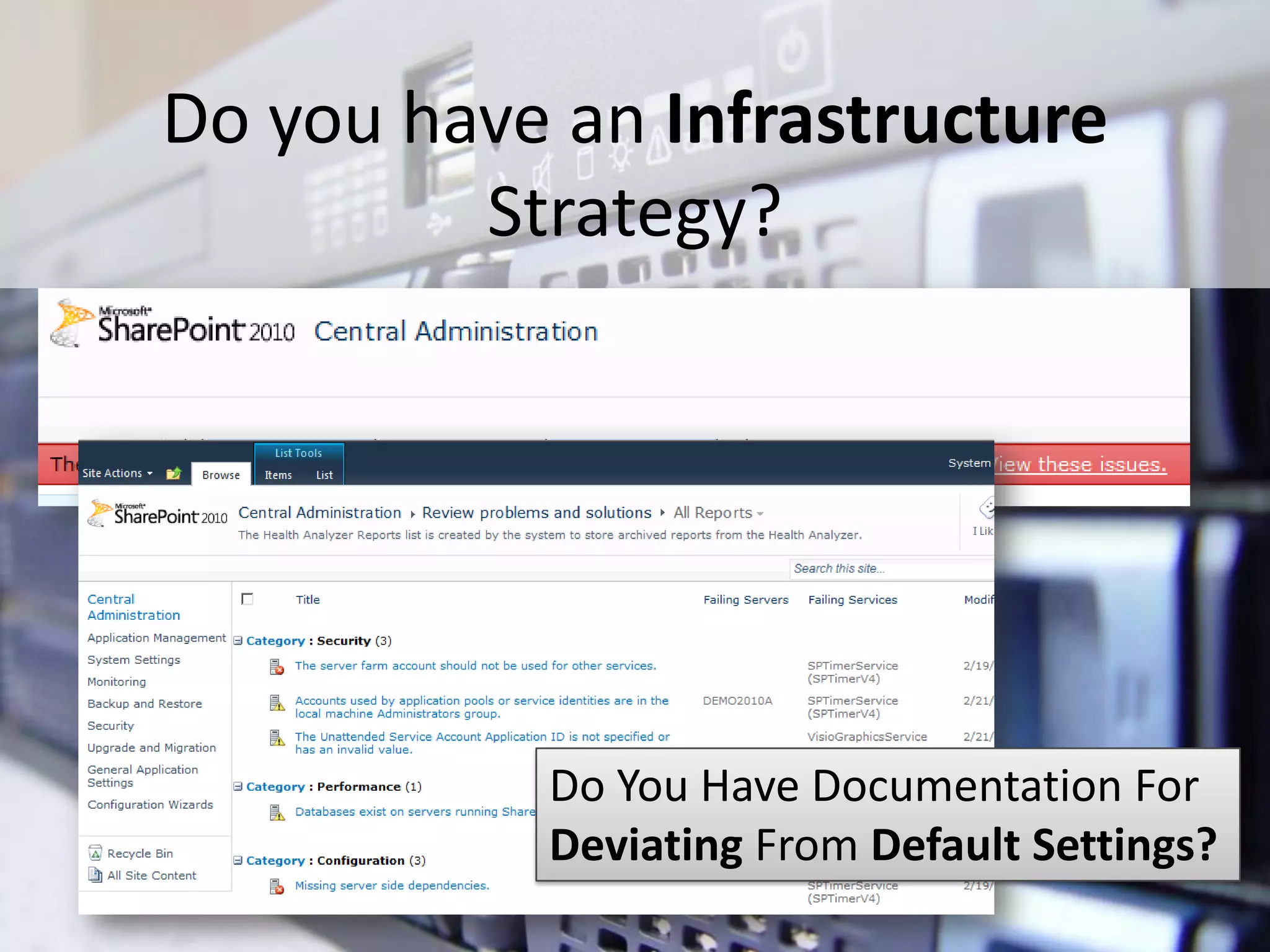 Do you have an Infrastructure
                Strategy?




                          Do You Have Documentation For
                          Deviating From Default Settings?
#SPSToronto @RHarbridge
 
