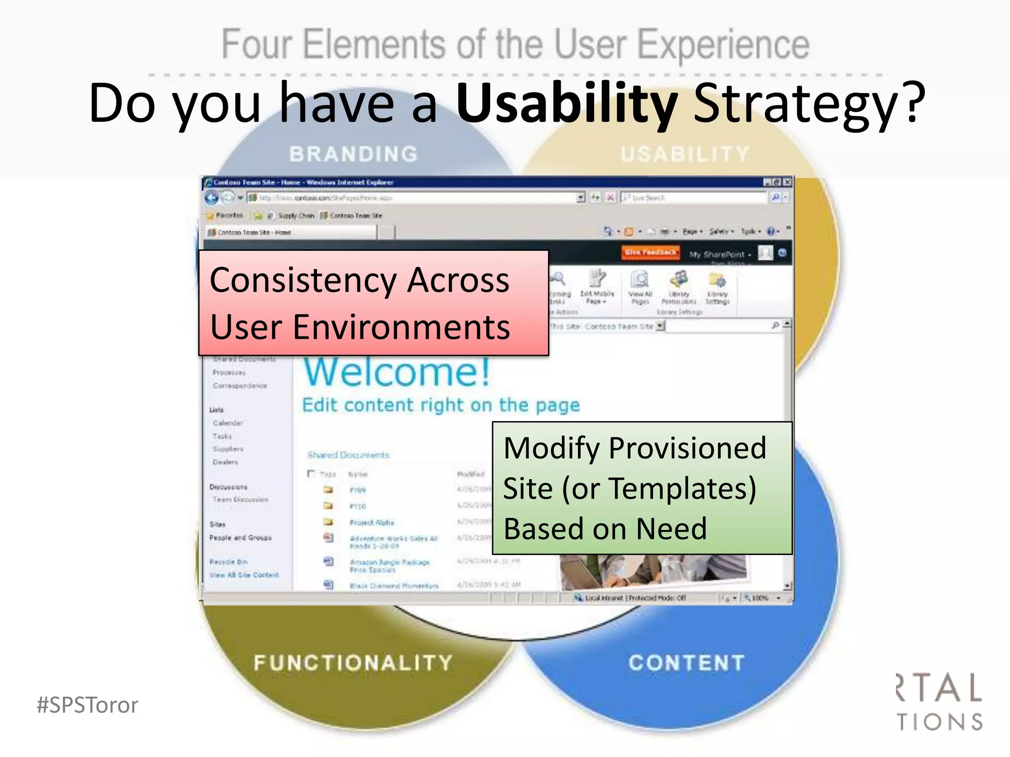 Do you have a Usability Strategy?

             Consistency Across
             User Environments


                              Modify Provisioned
                              Site (or Templates)
                              Based on Need




#SPSToronto @RHarbridge
 