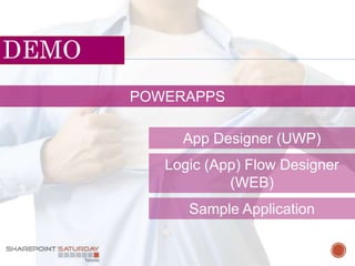 DEMO
POWERAPPS
App Designer (UWP)
Logic (App) Flow Designer
(WEB)
Sample Application
 
