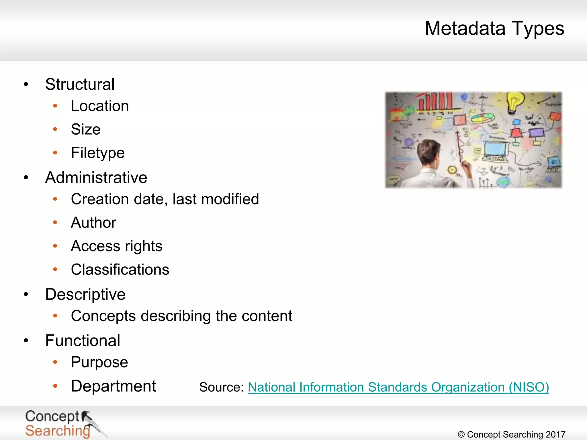 © Concept Searching 2017
Metadata Types
• Structural
• Location
• Size
• Filetype
• Administrative
• Creation date, last modified
• Author
• Access rights
• Classifications
• Descriptive
• Concepts describing the content
• Functional
• Purpose
• Department Source: National Information Standards Organization (NISO)
 