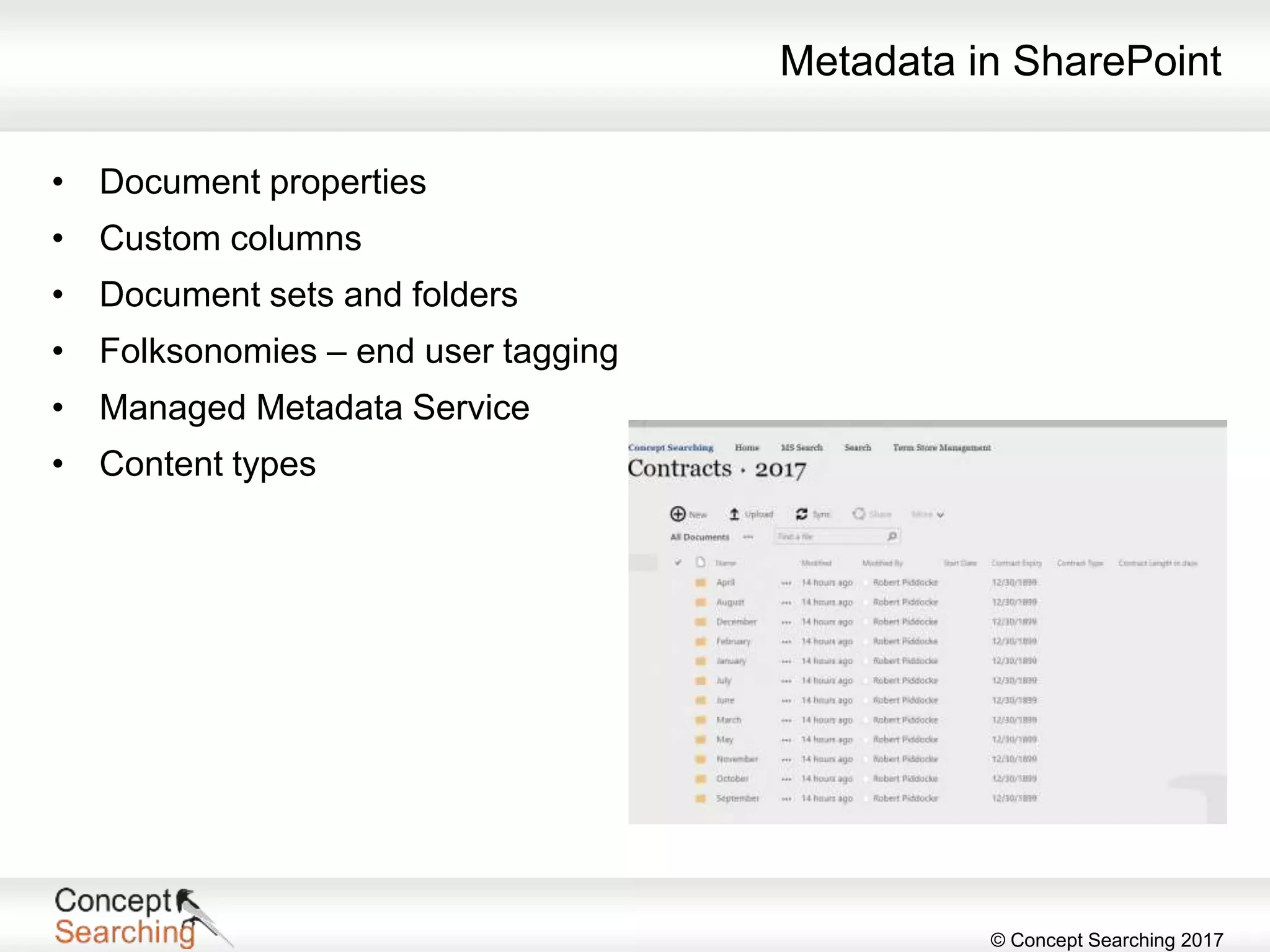 © Concept Searching 2017
Metadata in SharePoint
• Document properties
• Custom columns
• Document sets and folders
• Folksonomies – end user tagging
• Managed Metadata Service
• Content types
 