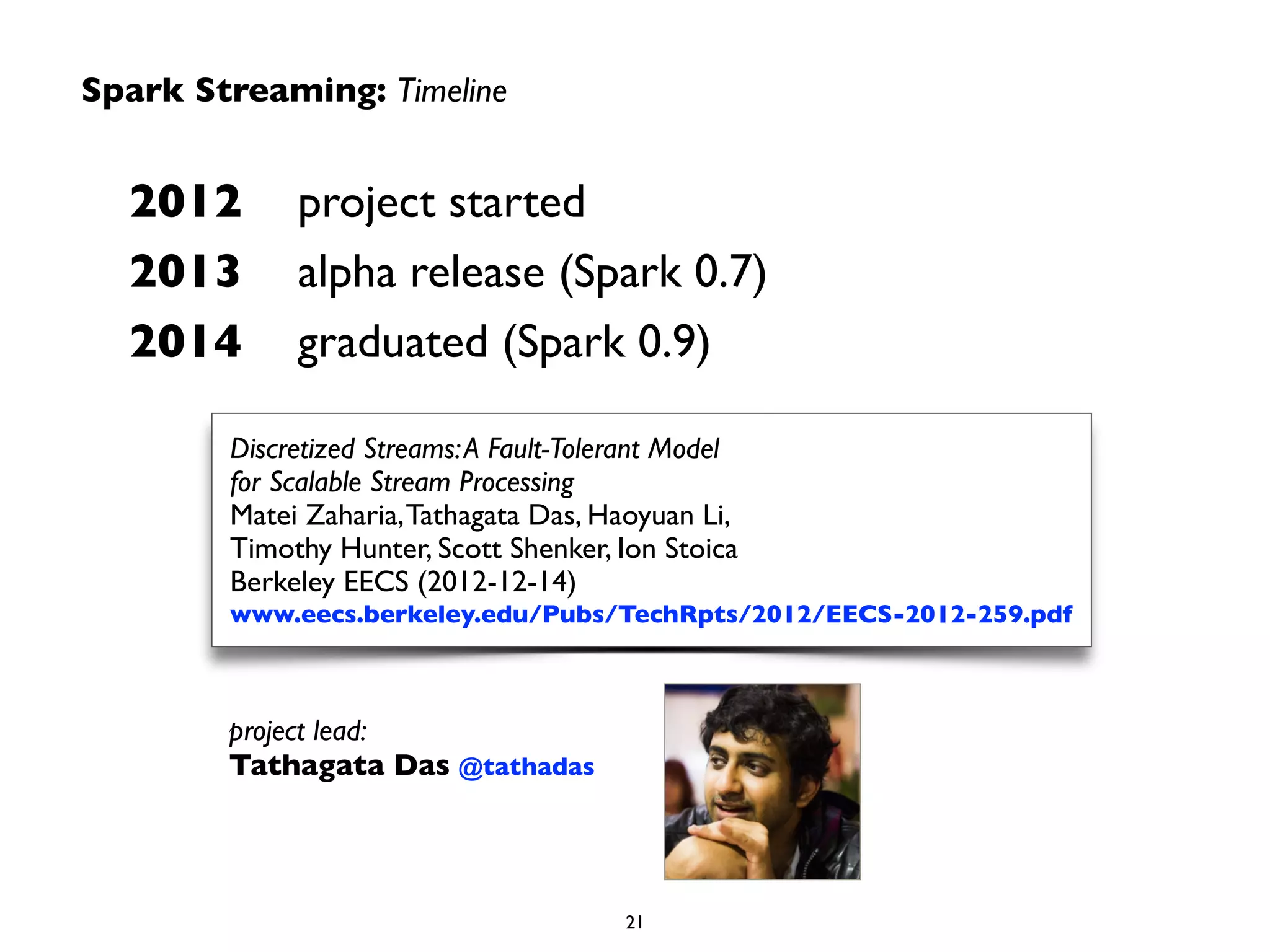 2012	

 	

 project started	

2013	

 	

 alpha release (Spark 0.7)	

2014	

 	

 graduated (Spark 0.9)
Spark Streaming: Timeline
Discretized Streams:A Fault-Tolerant Model  
for Scalable Stream Processing	

Matei Zaharia,Tathagata Das, Haoyuan Li,  
Timothy Hunter, Scott Shenker, Ion Stoica	

Berkeley EECS (2012-12-14)	

www.eecs.berkeley.edu/Pubs/TechRpts/2012/EECS-2012-259.pdf
project lead:  
Tathagata Das @tathadas
21
 