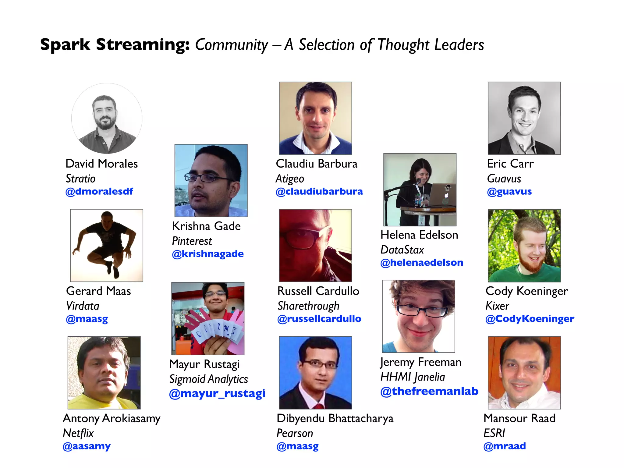 Spark Streaming: Community – A Selection of Thought Leaders
David Morales 
Stratio	

@dmoralesdf
Claudiu Barbura 
Atigeo	

@claudiubarbura
Gerard Maas 
Virdata	

@maasg
Dibyendu Bhattacharya 
Pearson	

@maasg
Antony Arokiasamy 
Netﬂix	

@aasamy
Russell Cardullo 
Sharethrough	

@russellcardullo
Mansour Raad 
ESRI	

@mraad
Eric Carr 
Guavus	

@guavus
Cody Koeninger 
Kixer	

@CodyKoeninger
Krishna Gade 
Pinterest	

@krishnagade
Helena Edelson 
DataStax	

@helenaedelson
Mayur Rustagi 
Sigmoid Analytics	

@mayur_rustagi
Jeremy Freeman 
HHMI Janelia	

@thefreemanlab
 
