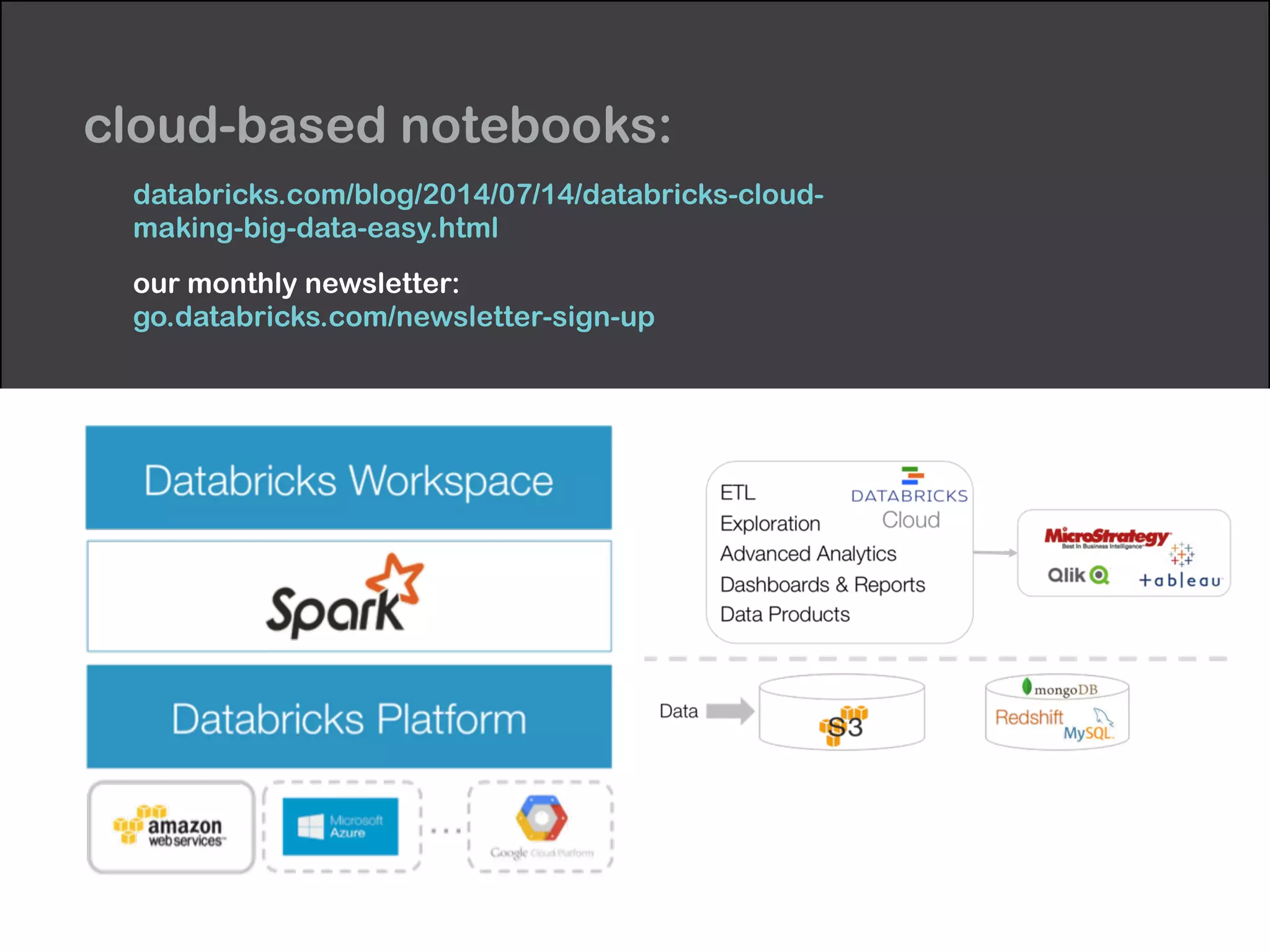 databricks.com/blog/2014/07/14/databricks-cloud-
making-big-data-easy.html
our monthly newsletter: 
go.databricks.com/newsletter-sign-up
cloud-based notebooks:
 