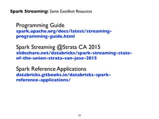 Programming Guide 
spark.apache.org/docs/latest/streaming-
programming-guide.html	

Spark Streaming @Strata CA 2015 
slideshare.net/databricks/spark-streaming-state-
of-the-union-strata-san-jose-2015	

Spark Reference Applications 
databricks.gitbooks.io/databricks-spark-
reference-applications/
Spark Streaming: Some Excellent Resources
23
 