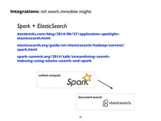 unified compute
Spark + ElasticSearch	

databricks.com/blog/2014/06/27/application-spotlight-
elasticsearch.html	

elasticsearch.org/guide/en/elasticsearch/hadoop/current/
spark.html	

spark-summit.org/2014/talk/streamlining-search-
indexing-using-elastic-search-and-spark
document search
Integrations: rich search, immediate insights
37
 