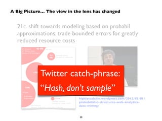 21c. shift towards modeling based on probabil
approximations: trade bounded errors for greatly
reduced resource costs
highlyscalable.wordpress.com/2012/05/01/
probabilistic-structures-web-analytics-
data-mining/
A Big Picture… The view in the lens has changed
Twitter catch-phrase: 	

“Hash, don’t sample”
50
 