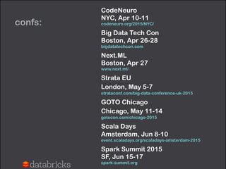 confs:
CodeNeuro 
NYC, Apr 10-11 
codeneuro.org/2015/NYC/
Big Data Tech Con 
Boston, Apr 26-28 
bigdatatechcon.com
Next.ML 
Boston, Apr 27 
www.next.ml/
Strata EU 
London, May 5-7 
strataconf.com/big-data-conference-uk-2015
GOTO Chicago 
Chicago, May 11-14 
gotocon.com/chicago-2015
Scala Days 
Amsterdam, Jun 8-10 
event.scaladays.org/scaladays-amsterdam-2015
Spark Summit 2015 
SF, Jun 15-17 
spark-summit.org
 