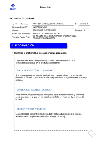 Trabajo Final
DATOS DEL ESTUDIANTE
Apellidos y Nombres: ATOCCSA BARBOZA PIERO YARDEEL ID: 001637541
Dirección Zonal/CFP: INDEPENDENCIA
Carrera: TECNICO DE ELECTRICIDAD Semestre: II
Curso/ Mód. Formativo: TECNICA DE LA COMUNICACION
Tema de Trabajo Final:
EL IMPACTO DE LA COMUNICACIÓN EFECTIVA EN LA
PRODUCTIVIDAD LABORAL
 Identifica la problemática del caso práctico propuesto.
1. INFORMACIÓN
La problemática del caso practica propuesto sobre el impacto de la
comunicación afectiva en la productividad laboral:
- Baja productividad laboral:
Los empleados no se sienten motivados ni comprometidos con su trabajo
debido a la falta de comunicación afectiva y empática por parte de sus líderes y
colegas.
- Conflictos y malentendidos:
Falta de comunicación afectiva y empática lleva a malentendidos y conflictos
entre empleados, lo que afecta negativamente la productividad y el ambiente
laboral.
- Desmotivación y estrés
Los empleados se sienten desmotivados y estresados debido a la falta de
reconocimiento y apoyo emocional en el lugar de trabajo.
 