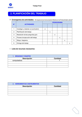 Trabajo Final
 Cronograma de actividades: “El Impacto de la Comunicación Efectiva en la Productividad Laboral”
N° ACTIVIDADES
CRONOGRAMA
1 Investigar y redactar un (curriculum) x
2 Planificación del trabajo x
3 Resolución de las preguntas guía x
4 Proceso de ejecución del trabajo x
5 Dibujo / diagrama x
6 Entrega del trabajo x
 Lista de recursos necesarios:
1. MÁQUINAS Y EQUIPOS
Descripción Cantidad
computadora 1
2. HERRAMIENTAS E INSTRUMENTOS
Descripción Cantidad
2. PLANIFICACIÓN DEL TRABAJO
 